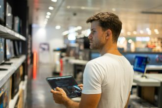 Customer with tablet choosing hardware in shop