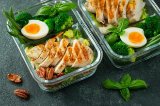 Healthy meal prep containers with chicken breast